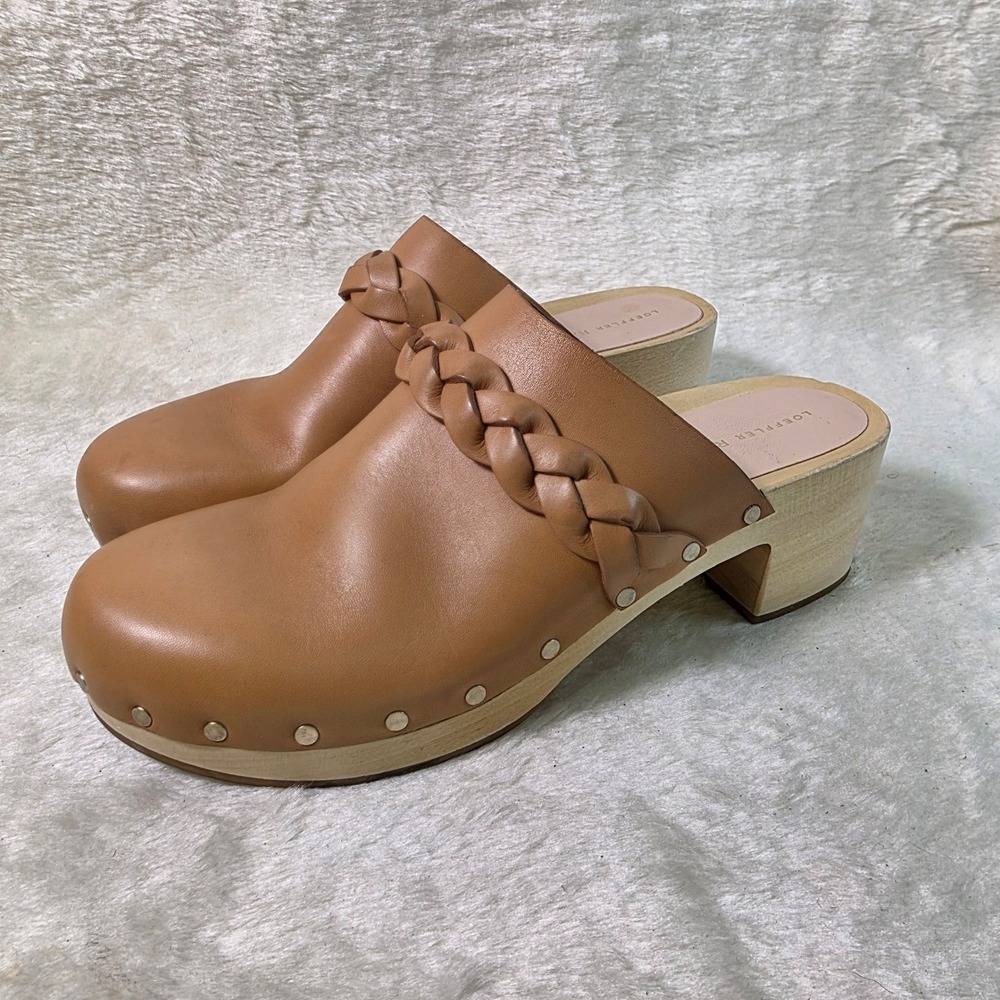 Loeffler Randall Lupa Braided Leather Clogs Tan Brown Chunky Wood Sole Women 8.5